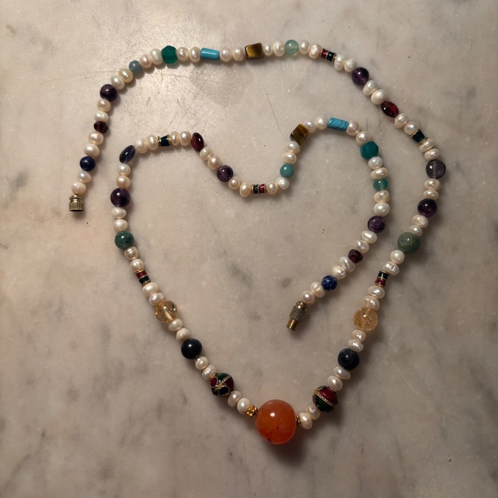 Carnelian, pearl, & semiprecious stone necklace with enameled bead accents, 24 "